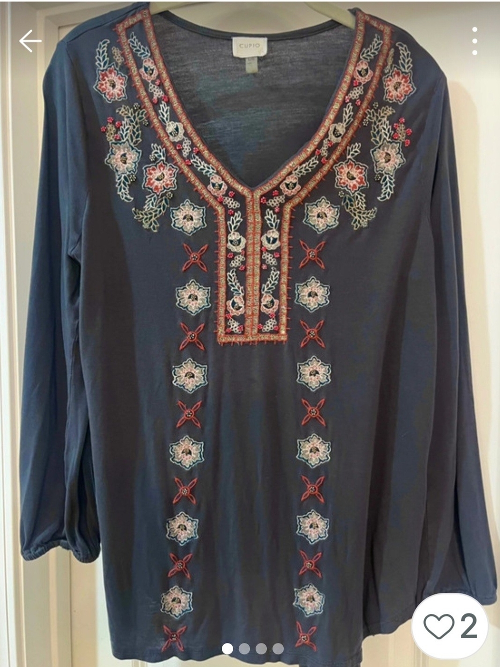 Cupio Charcoal Gray Blue Floral Embroidered V-Neck Tunic